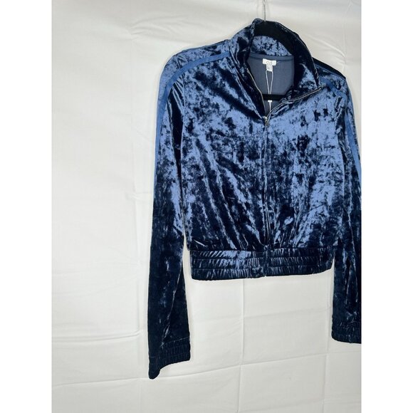 Women Blue Long Sleeve Crushed Velour Zip Up Jacket Hoodie Size Small - Picture 3 of 9